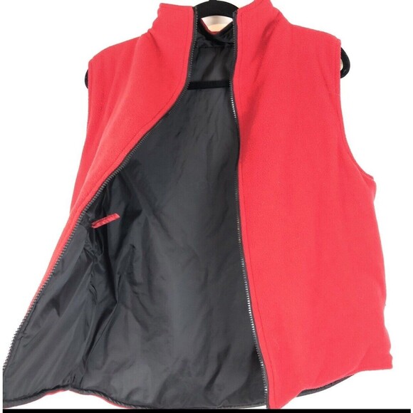 Womens Jacket Large Red Black Reversible  Fleece Vest with Zip Side Pockets - Picture 1 of 4